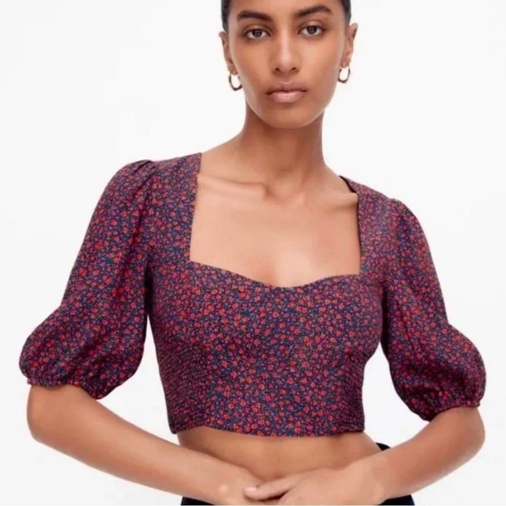 NWOT Zara Red and Black Floral Puff Sleeve Sweetheart Crop Top Side Smocked Sz M - Picture 1 of 7
